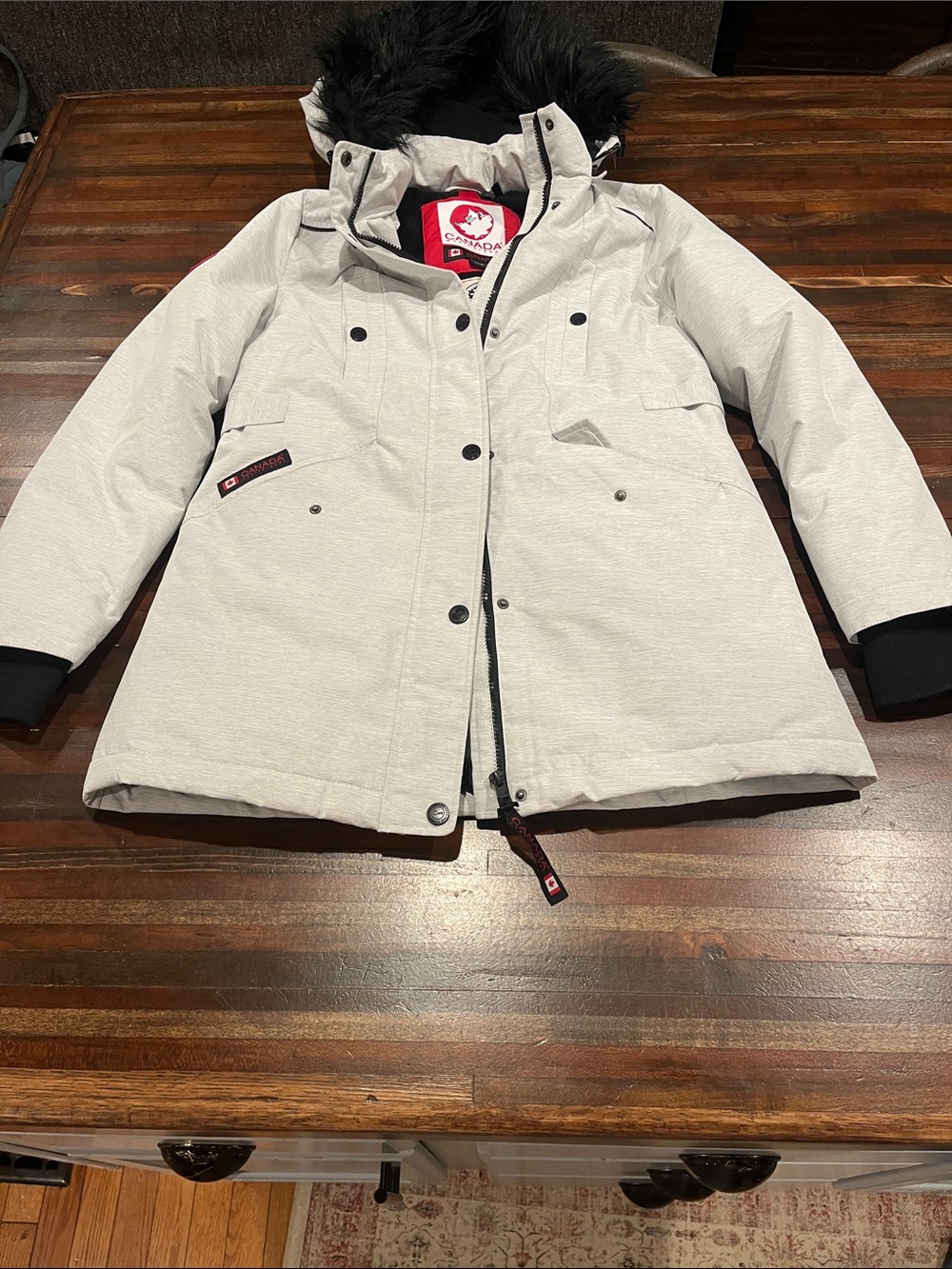 Canada Goose Kids Light Gray Puffer Parka with Faux Fur Trim